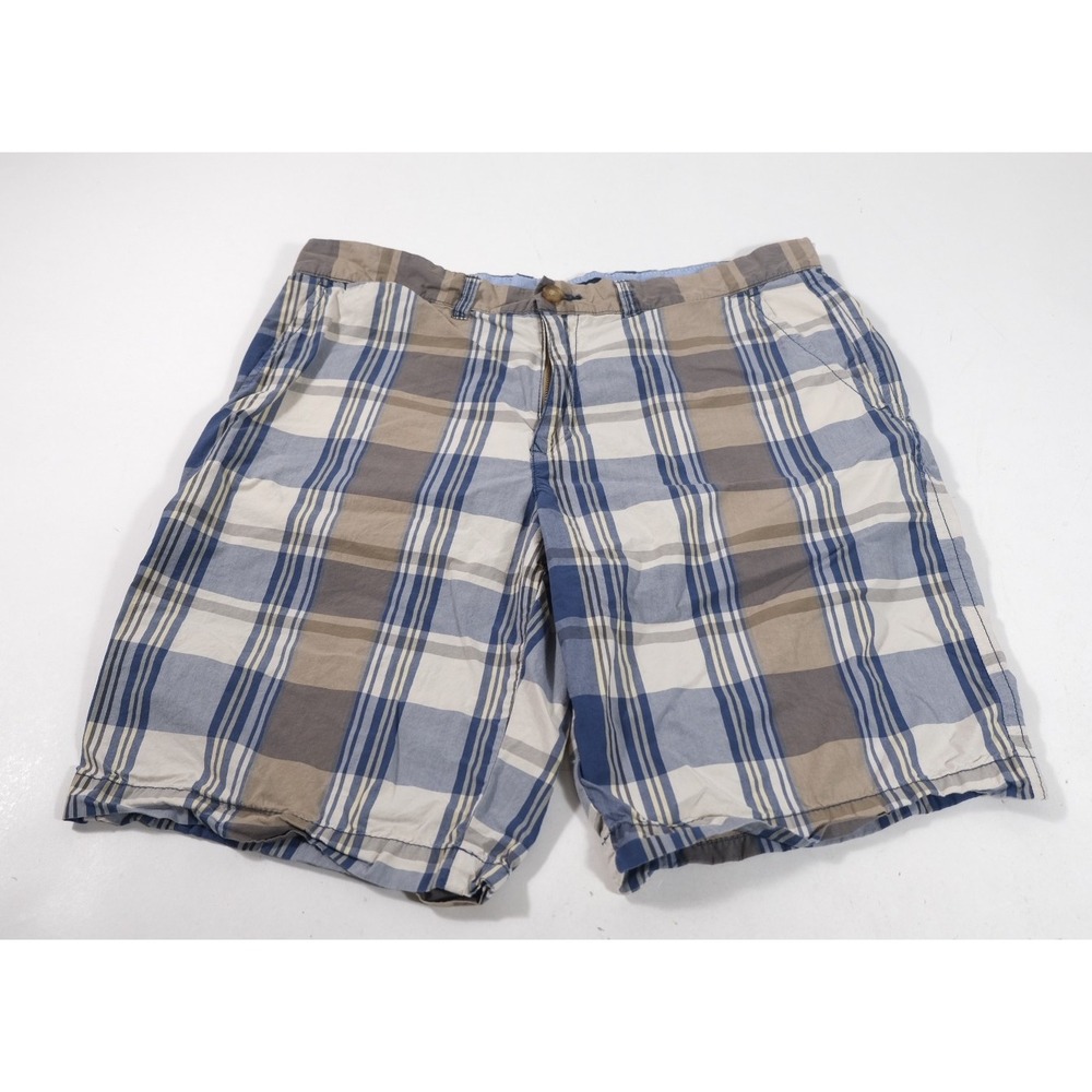 Tommy Hilfiger Shorts Men 36 Blue Plaid Flat Front Cotton Casual Chino Shorts